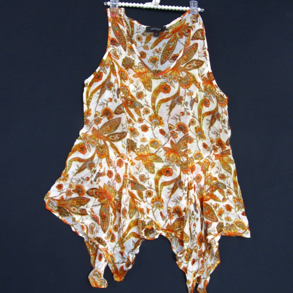 Karen Kane White Tank with Orange and Gold Paisley